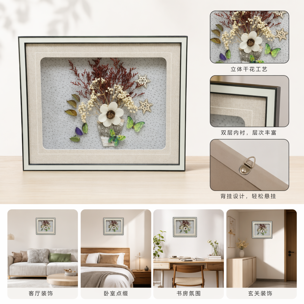 厂家直销厂家直销干花装饰画北欧风手工立体壁挂客厅卧室软装摆件