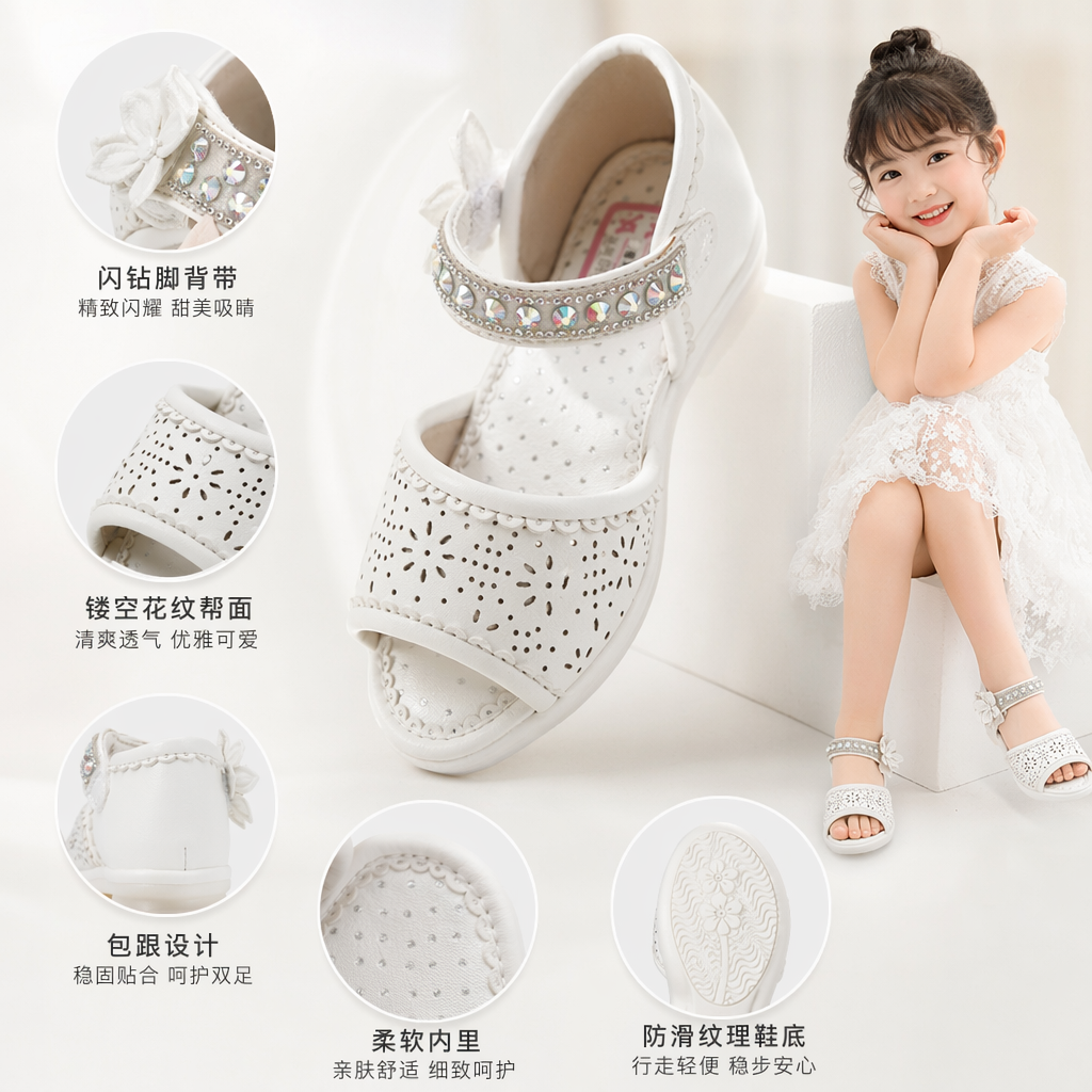 White girls' sandals, summer breathable, anti-slip, soft-soled, princess-style children's single shoes