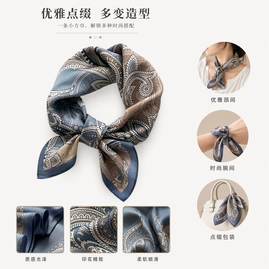 蓝棕花纹桑蚕丝方巾轻盈透气四季通用优雅配饰