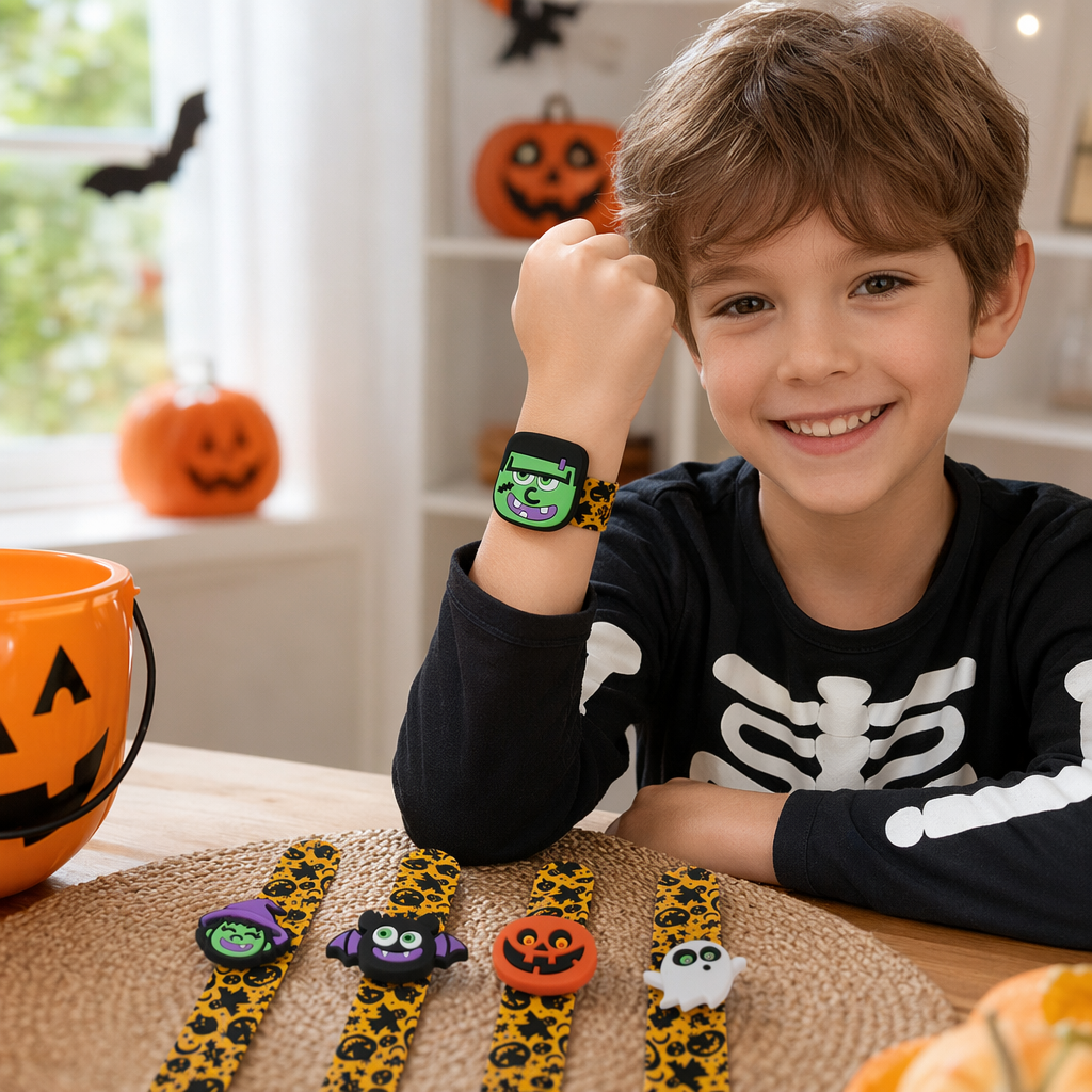 Five black patterned elastic wristbands of Halloween-themed silicone rings, witch, bat, pumpkin lantern, Frankenstein and ghost details Picture