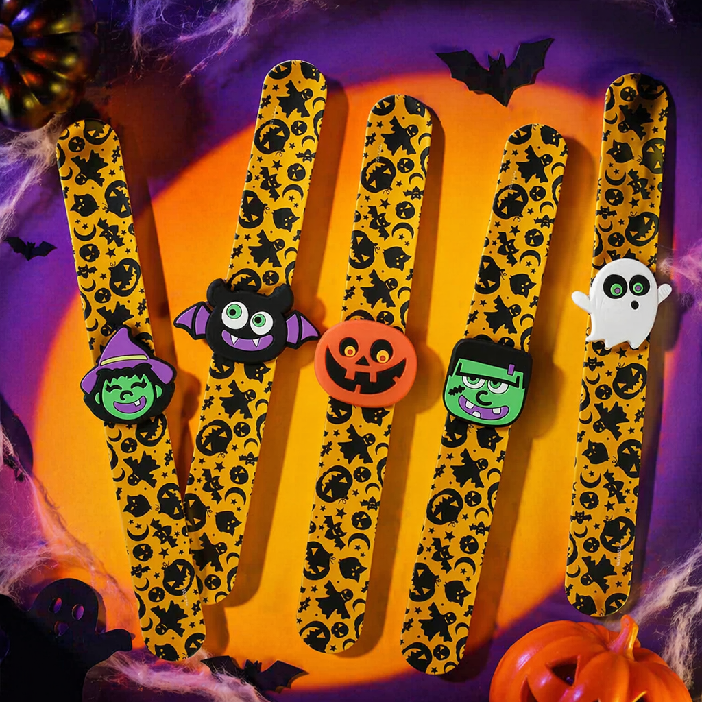 Five black patterned elastic wristbands of Halloween-themed silicone rings, witch, bat, pumpkin lantern, Frankenstein and ghost Specification image