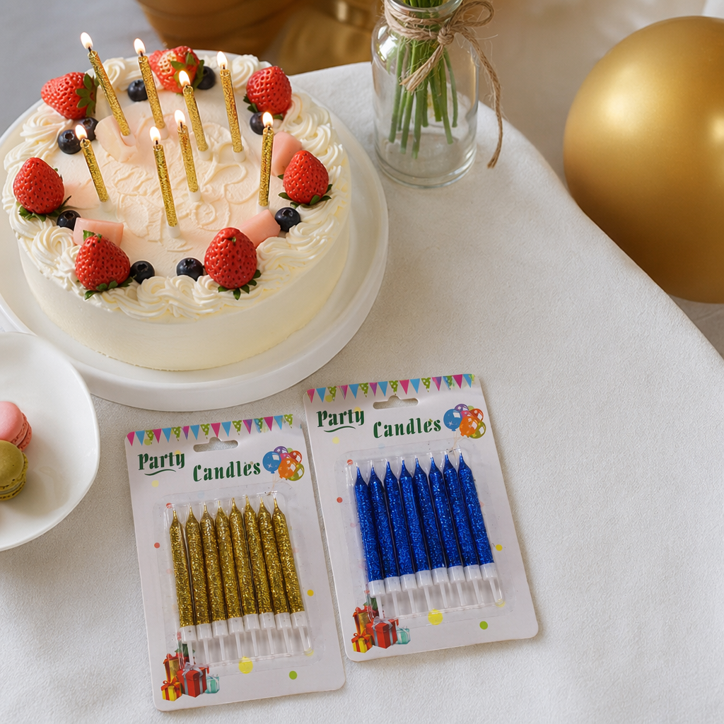 Golden and blue glitter party candles set the atmosphere for birthday celebration decorations details Picture