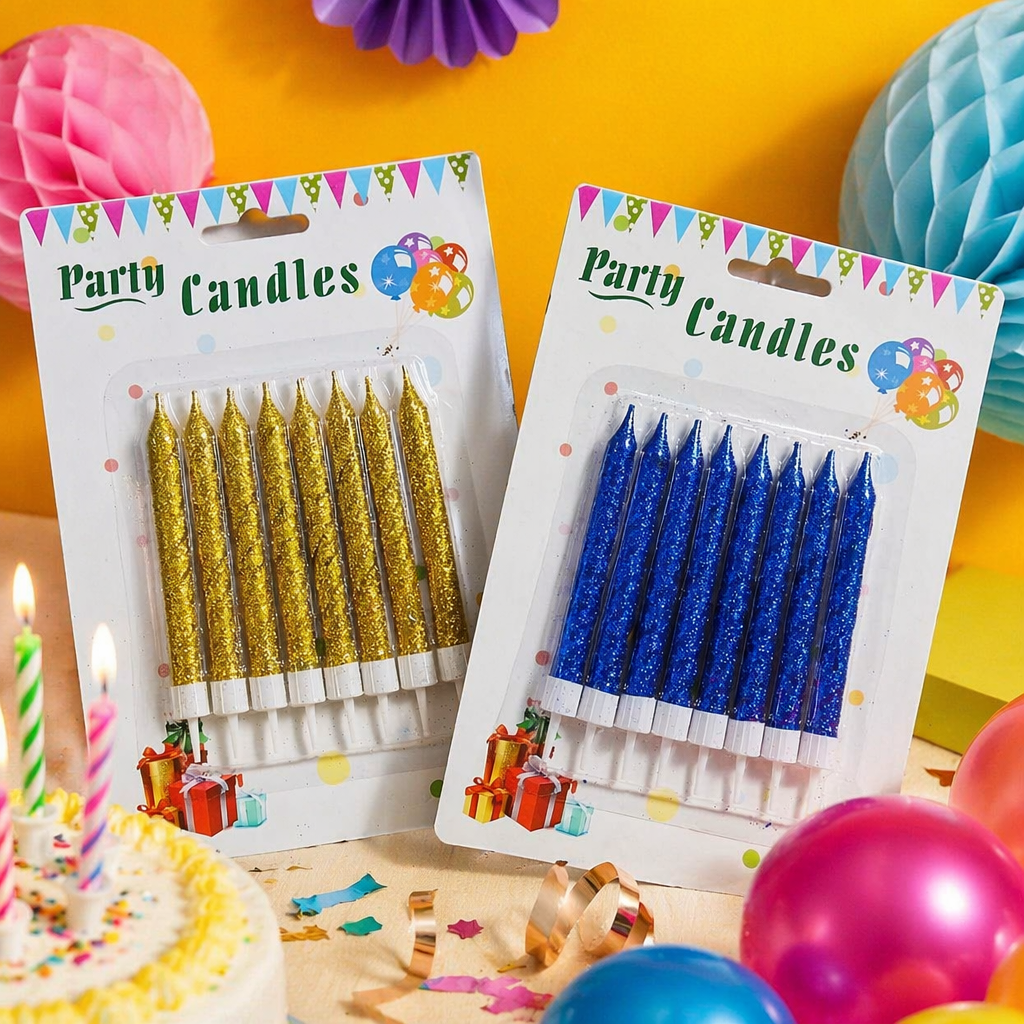 Golden and blue glitter party candles set the atmosphere for birthday celebration decorations Specification image