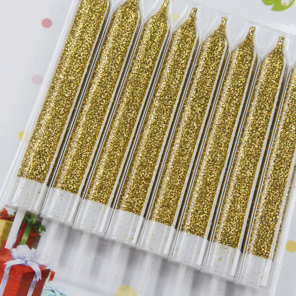 Golden and blue glitter party candles set the atmosphere for birthday celebration decorations Application Scenario