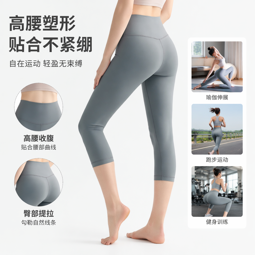 灰色七分瑜伽裤 女士高弹力修身显瘦模特同款