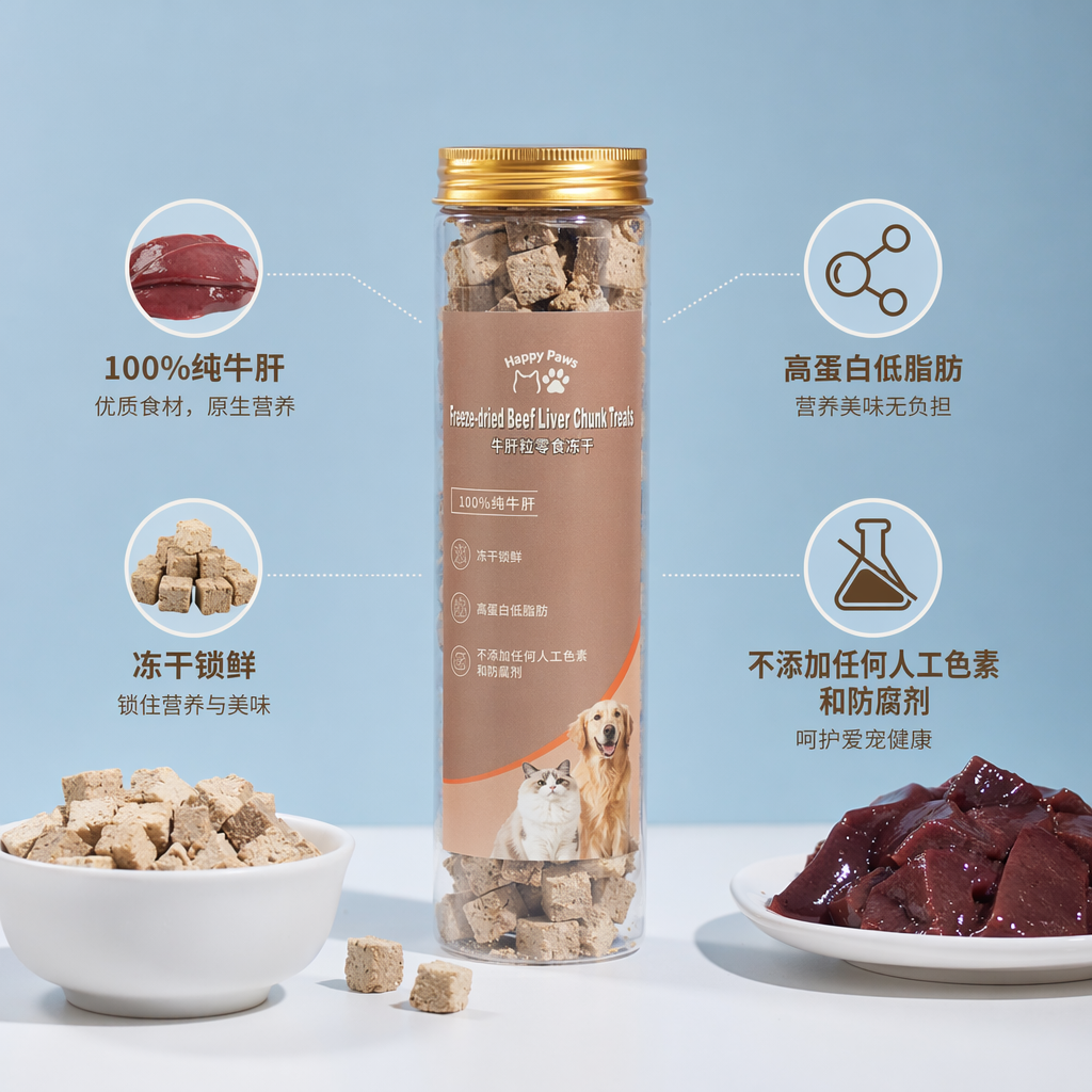 Happy Paws透明圆柱罐装牛肝粒冻干零食金色盖米色标签