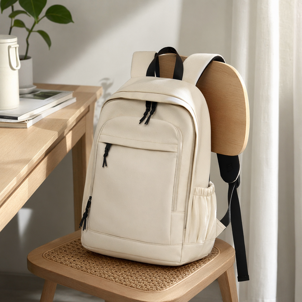 A light and simple off-white backpack, a lightweight and large-capacity student commuting travel backpack details Picture