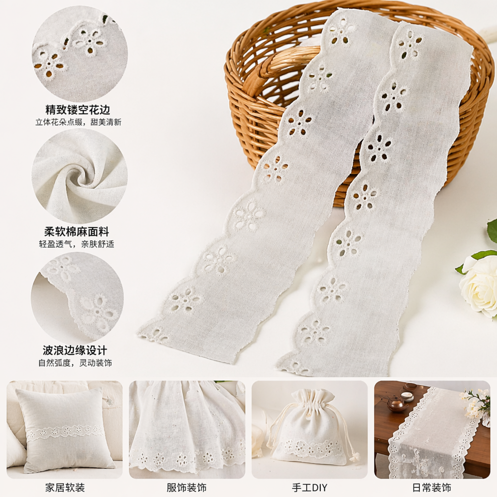 白色镂空花边布料 棉麻混纺 手工剪裁 缝纫DIY面料