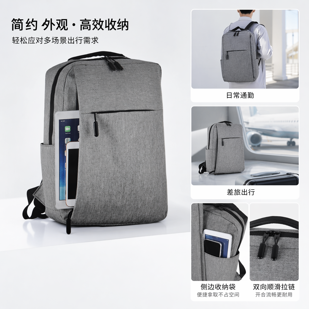 灰色耐磨尼龙轻便通勤双肩背包