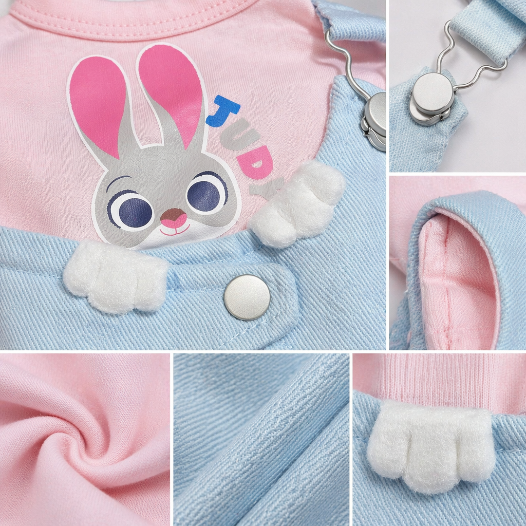 A pink rabbit-patterned top paired with light blue overalls and hung on a plastic hanger details Picture
