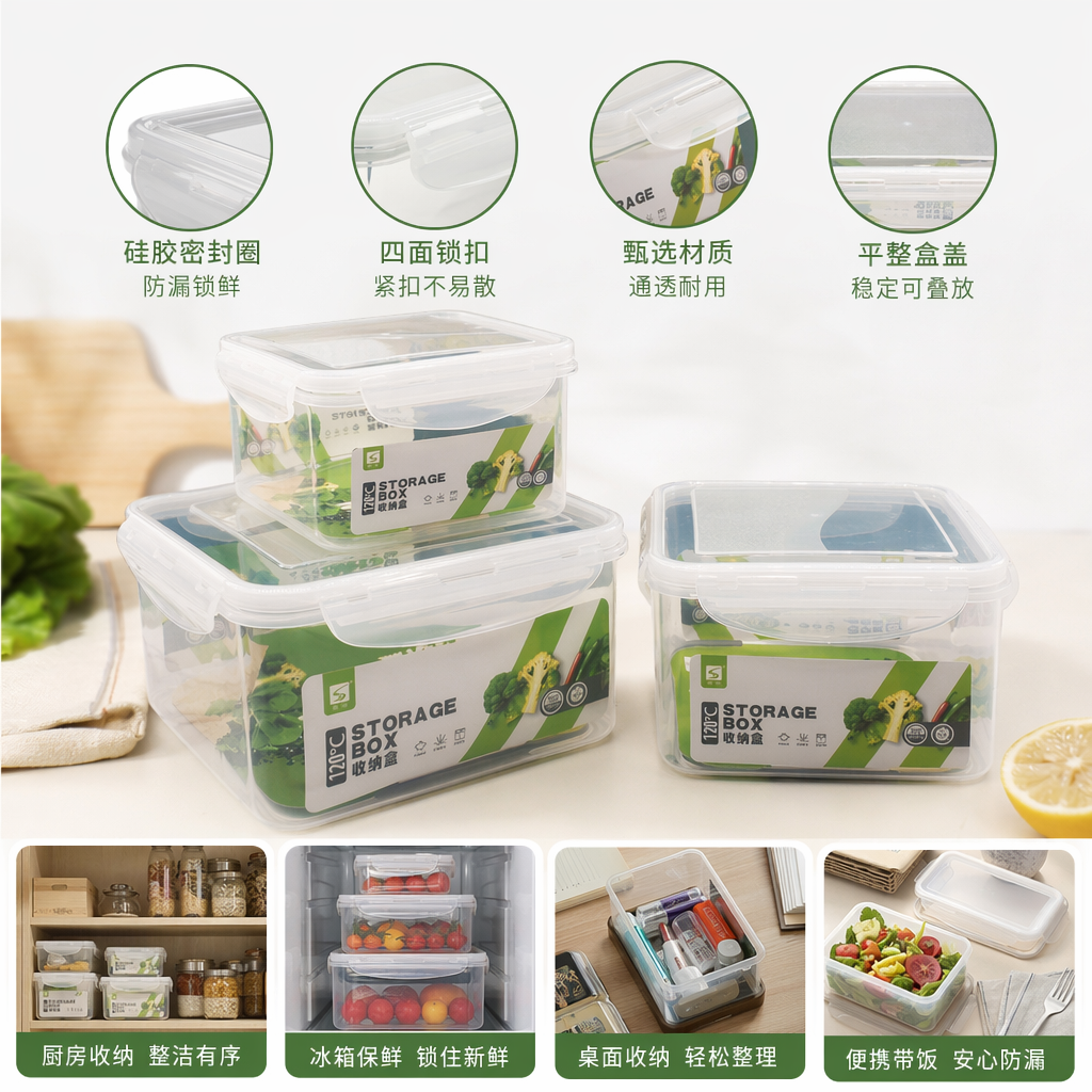 透明塑料收纳盒家用整理箱防尘可叠放多功能储物盒三件套冰箱保鲜盒居家用品必备