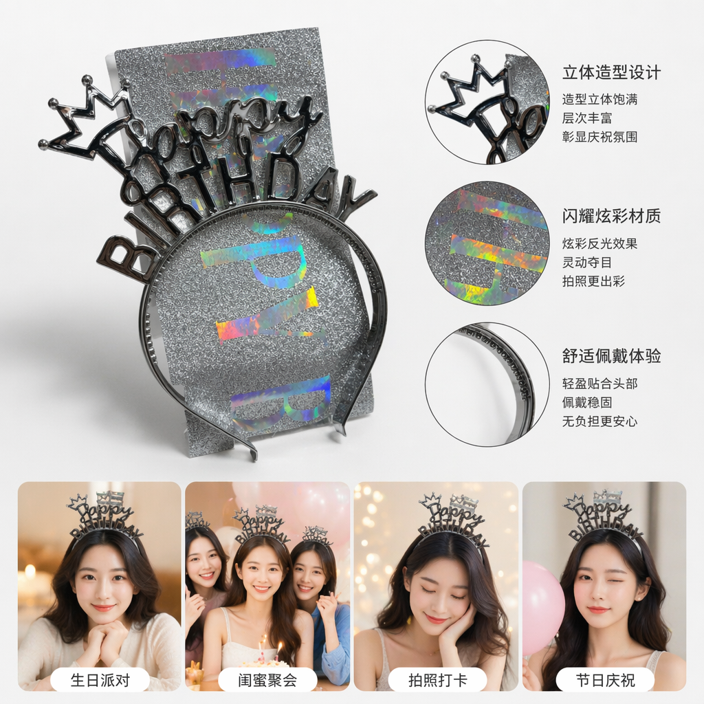 Silver glitter background rainbow "HAPPY BIRTHDAY" metal three-dimensional words crown birthday decoration