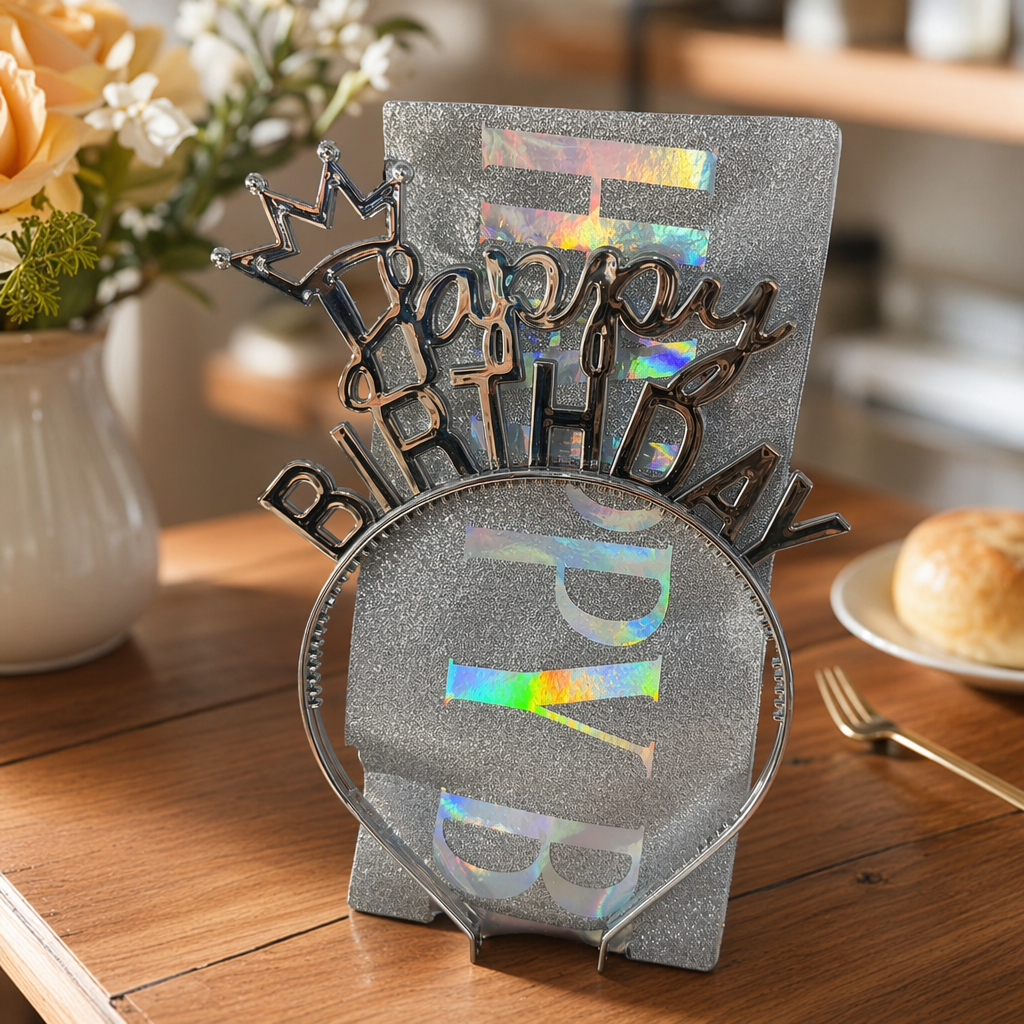 Silver glitter background rainbow "HAPPY BIRTHDAY" metal three-dimensional words crown birthday decoration details Picture