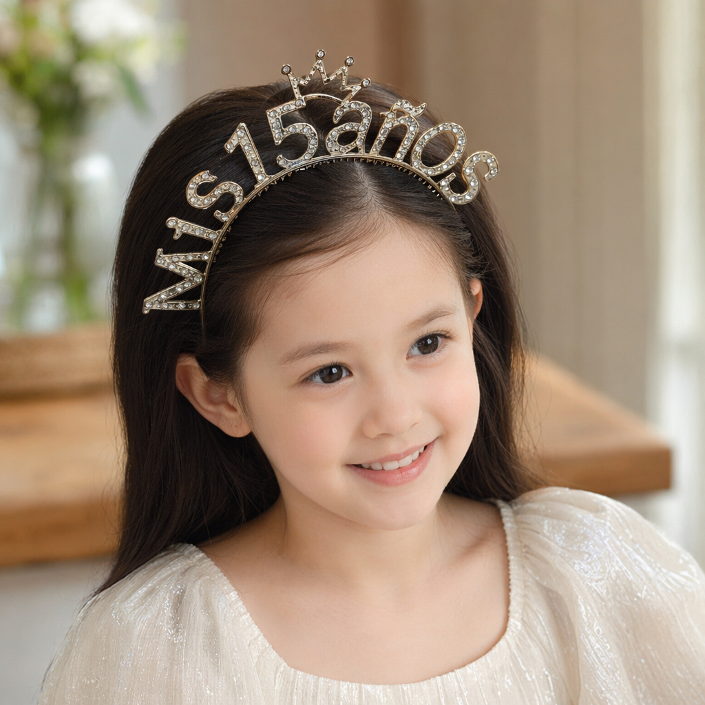 The gold diamond-encrusted 15 anos headband is paired with a rose gold sequined ribbon details Picture