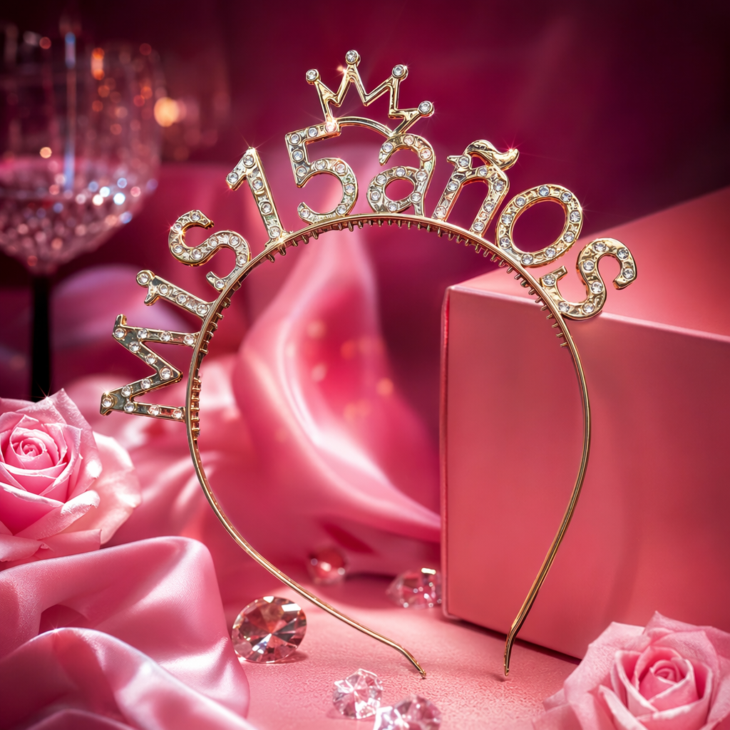 The gold diamond-encrusted 15 anos headband is paired with a rose gold sequined ribbon Specification image