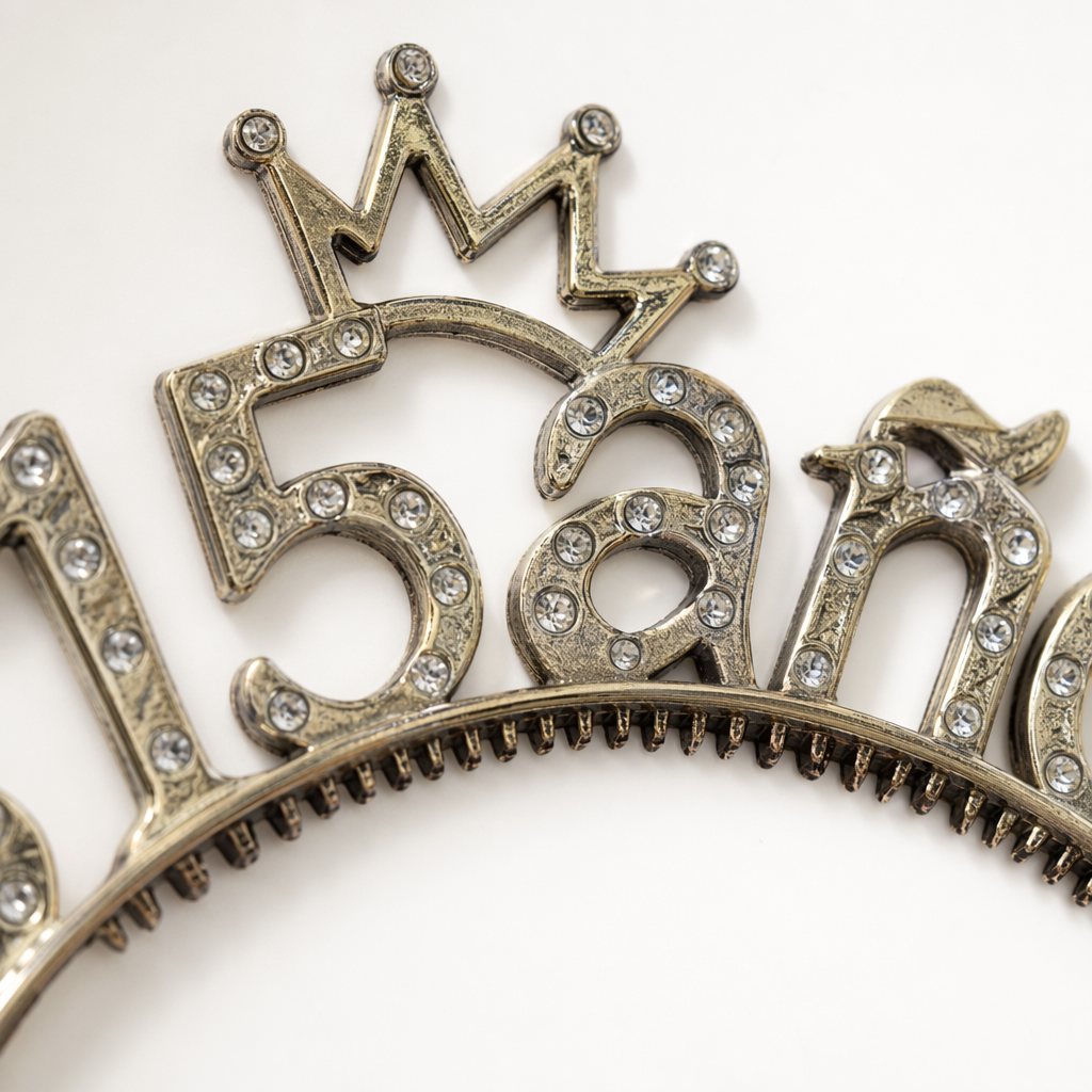 The gold diamond-encrusted 15 anos headband is paired with a rose gold sequined ribbon Application Scenario