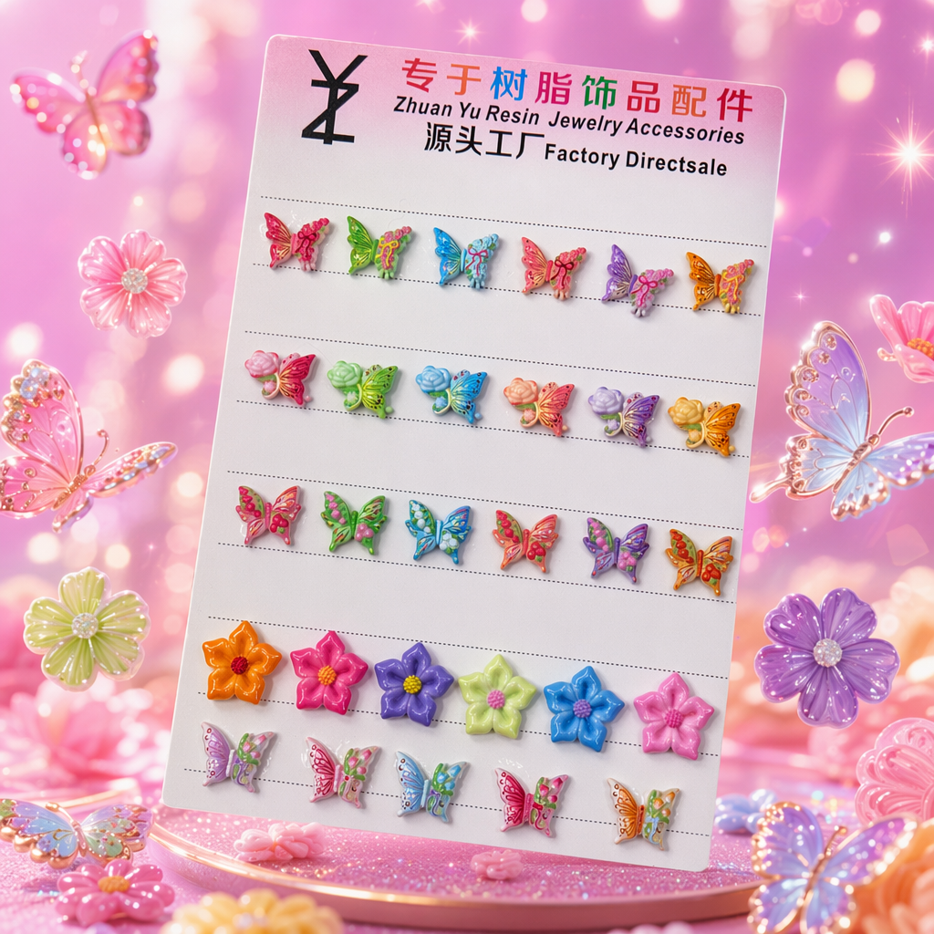 彩色蝴蝶与花朵树脂饰品配件细节图