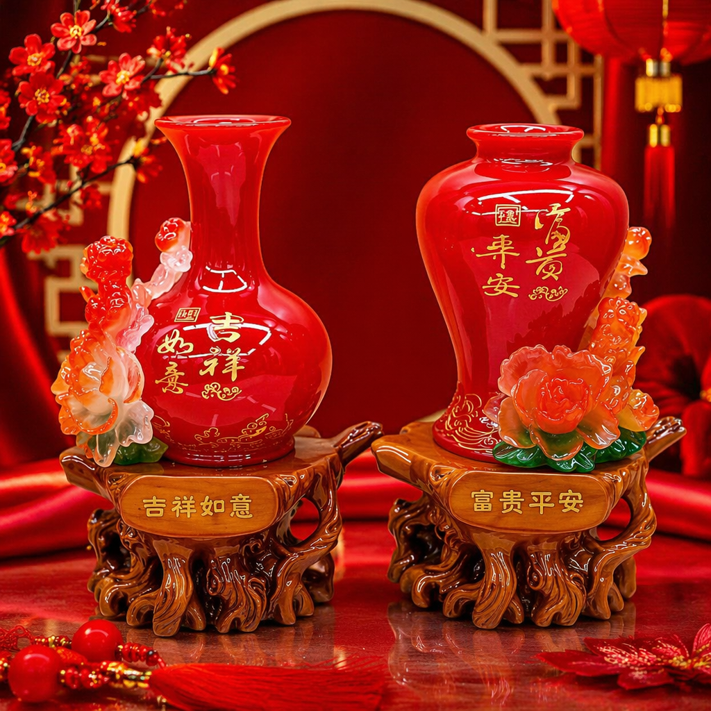 红色花瓶摆件细节图