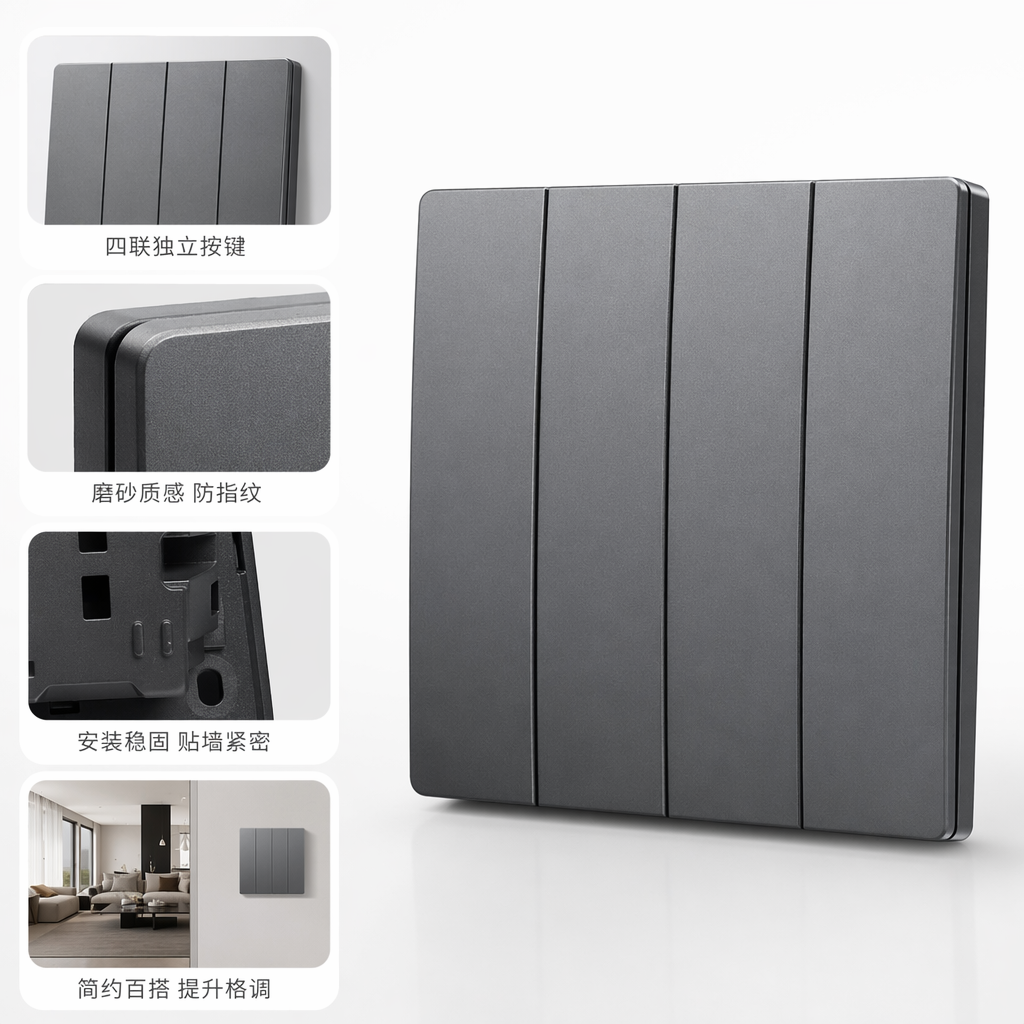 T5 grey and gold four-way single-control/four-way dual-control household wall switch, waterproof, flame-retardant, safe and durable, exclusively for export