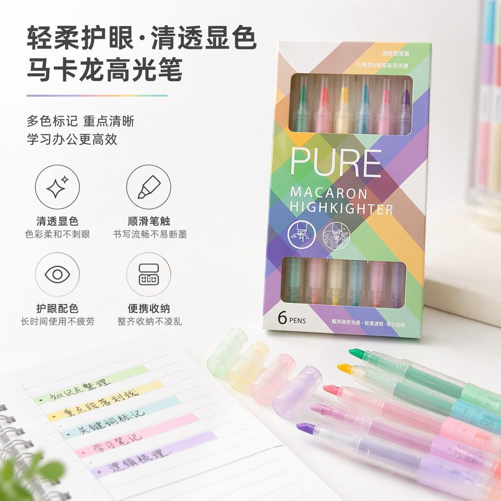 Color packaging box highlighter pen set, 3-color erasable high-gloss marker pens, office and study supplies