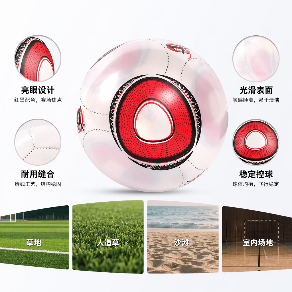 红黑图案透明足球训练比赛用皮质耐磨高弹力