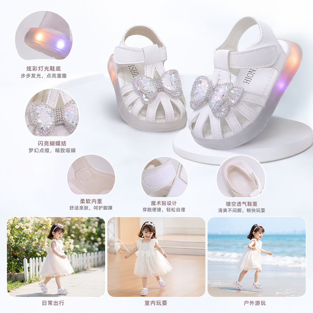 White and pink children's sandals with shiny bow and luminous base