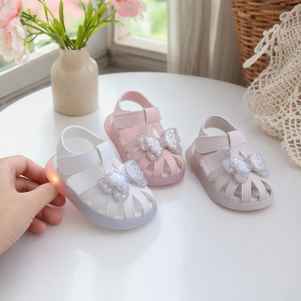 White and pink children's sandals with shiny bow and luminous base details Picture
