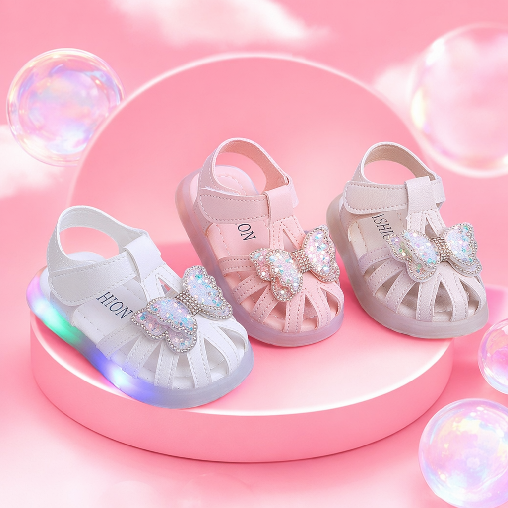 White and pink children's sandals with shiny bow and luminous base Specification image