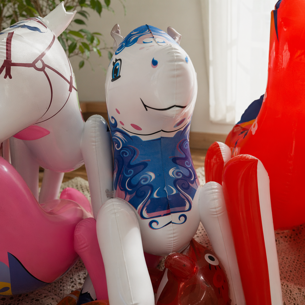 White inflatable dolls with blue and purple patterns are cute and fun home decoration children's toys details Picture
