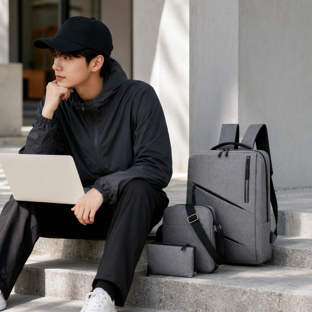 Red, blue, grey and black backpack sets are available in four colors for fashionable commuting student schoolbags details Picture
