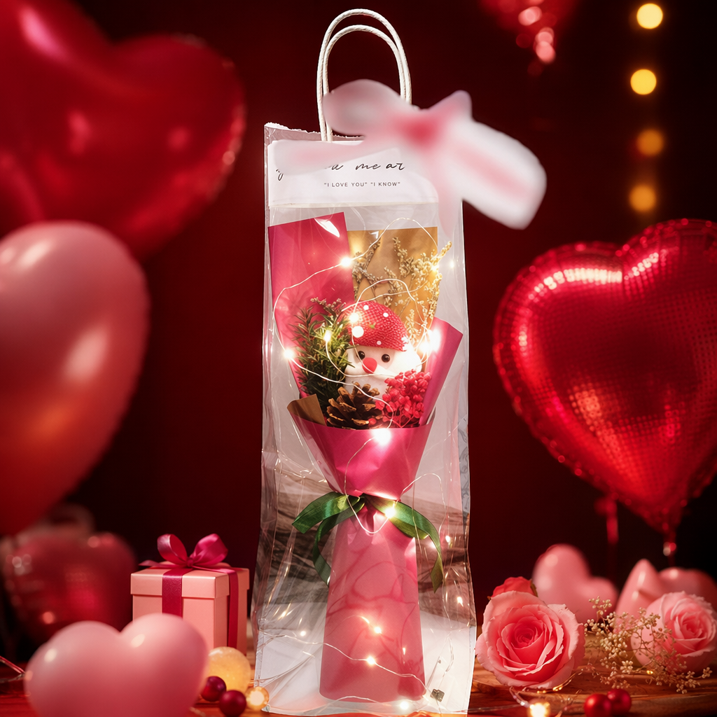 Pink packaged bouquet with snowman doll, pinecone, red berries, dried flowers, transparent bag, green ribbon and warm-colored string of lights Specification image