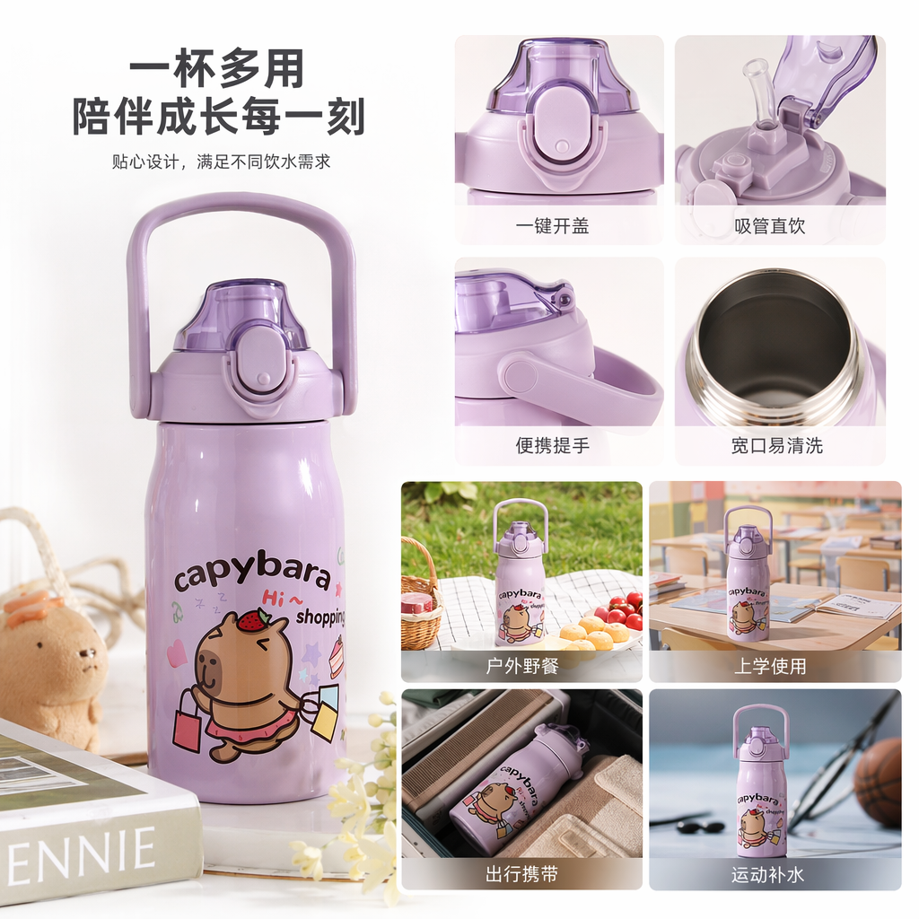Five types of colorful cartoon water cups, portable straw cups for children and students, and creative glass cups for home use