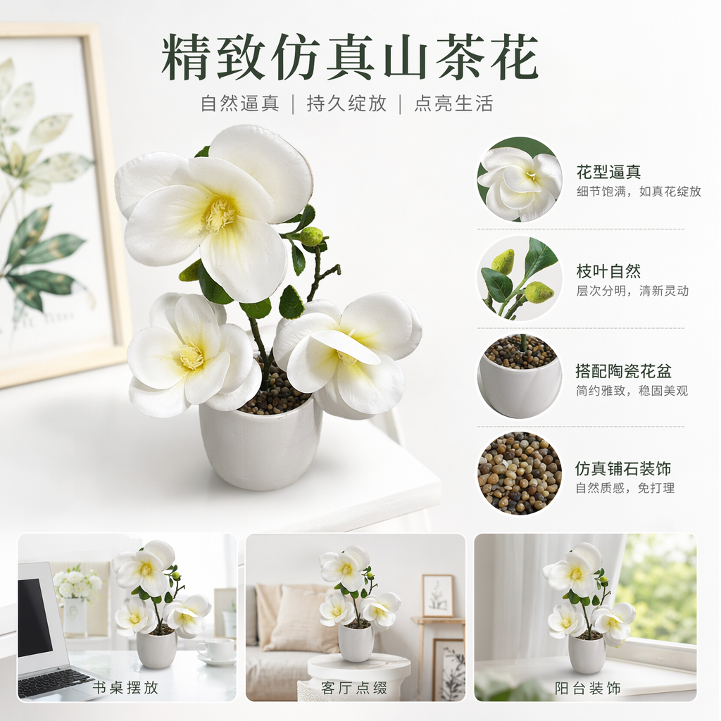 白色人造花盆栽仿真绿植家居装饰摆件图