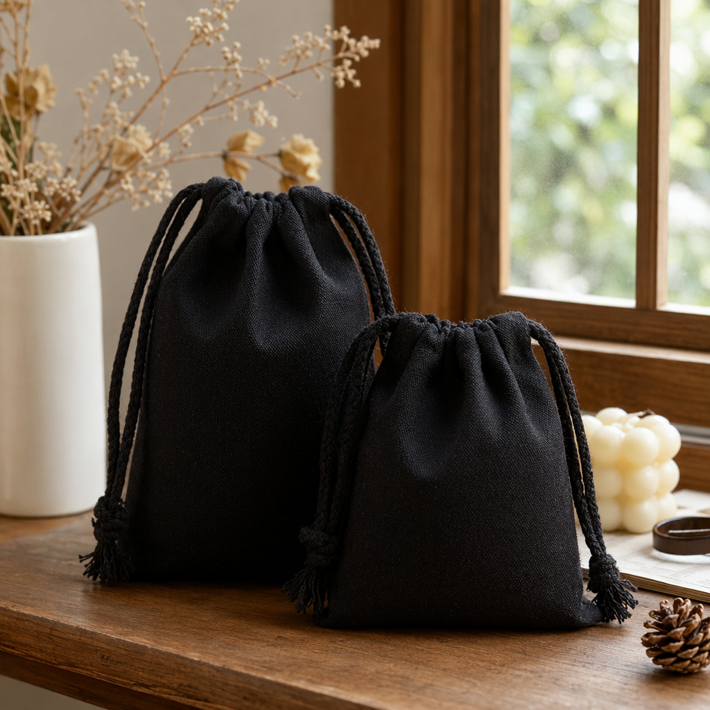 Black drawstring cloth bag, large-capacity cotton and linen eco-friendly shopping bag, foldable hand-held storage bag details Picture