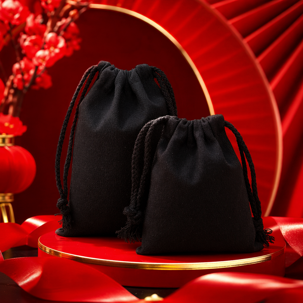 Black drawstring cloth bag, large-capacity cotton and linen eco-friendly shopping bag, foldable hand-held storage bag Specification image