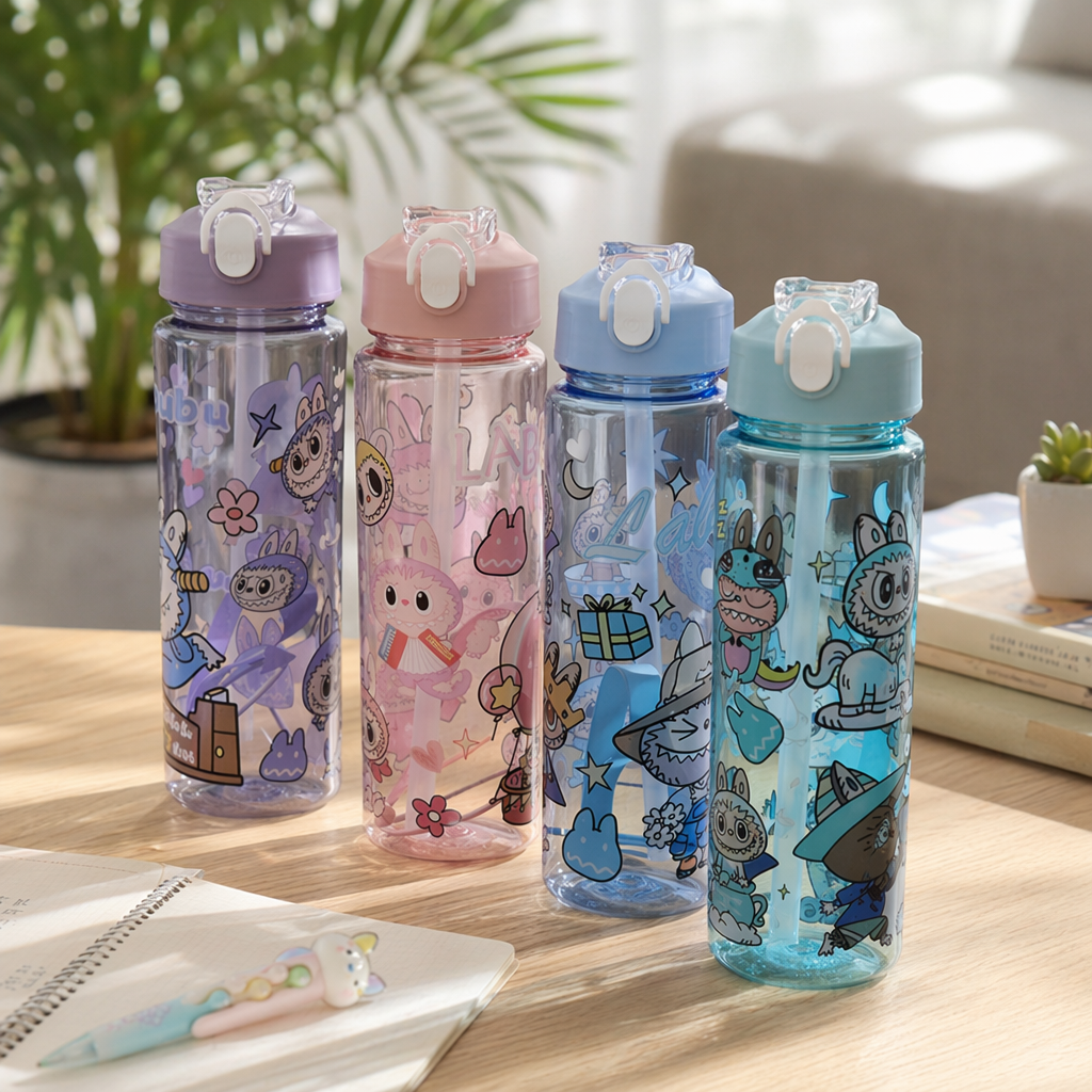 350ml color cartoon children's water cup, leak-proof straw cup, portable water bottle with cute animal patterns details Picture