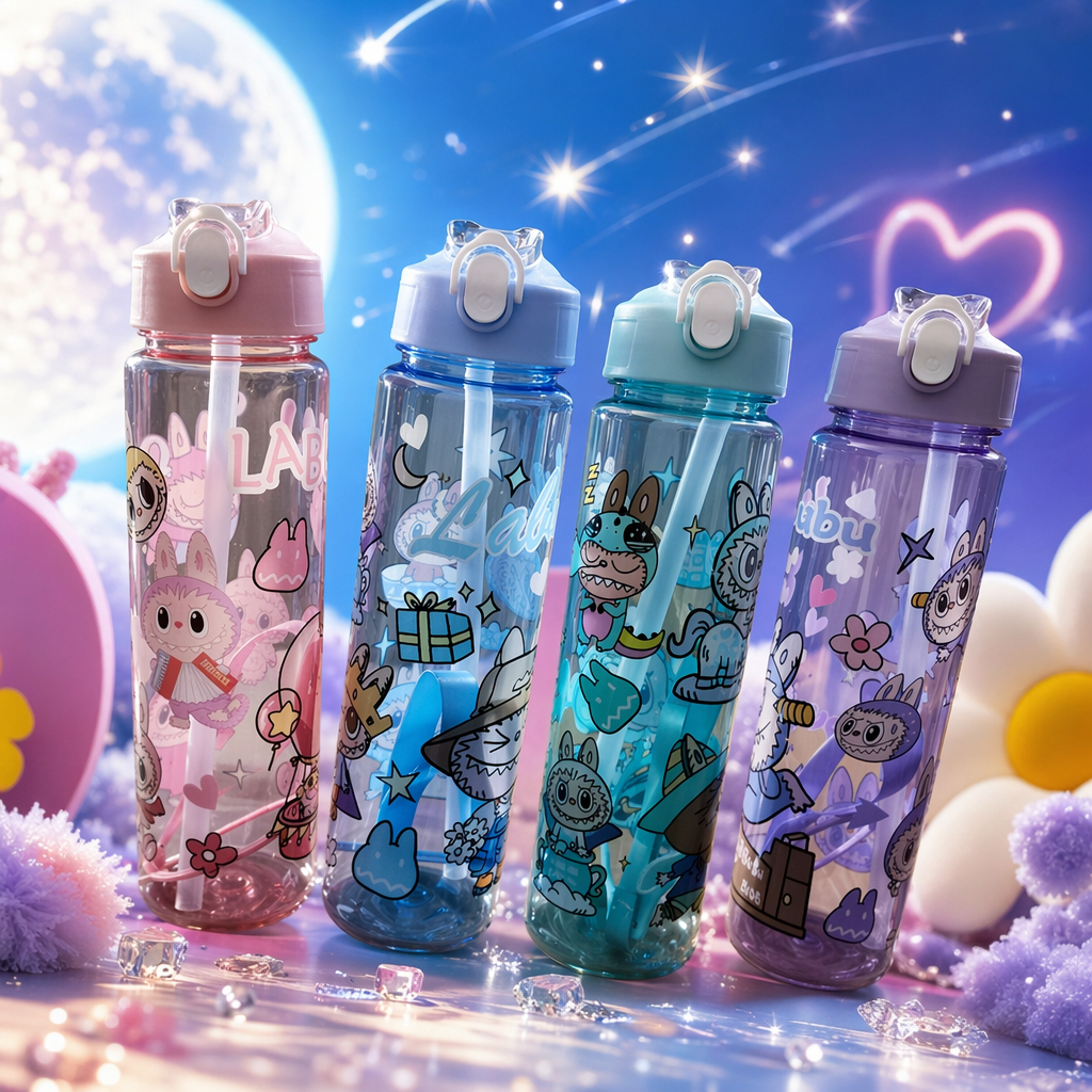 350ml color cartoon children's water cup, leak-proof straw cup, portable water bottle with cute animal patterns Specification image