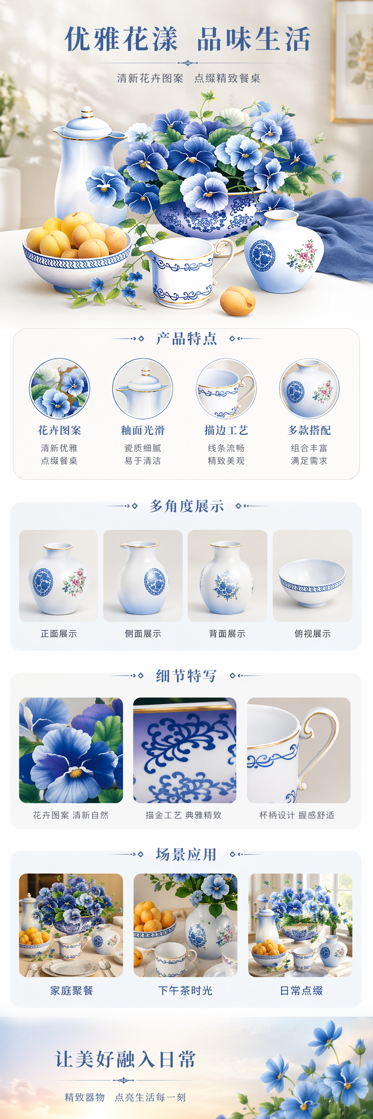 蓝白瓷花瓶插蓝色花朵水果瓷器静物组合装饰摆件详情1
