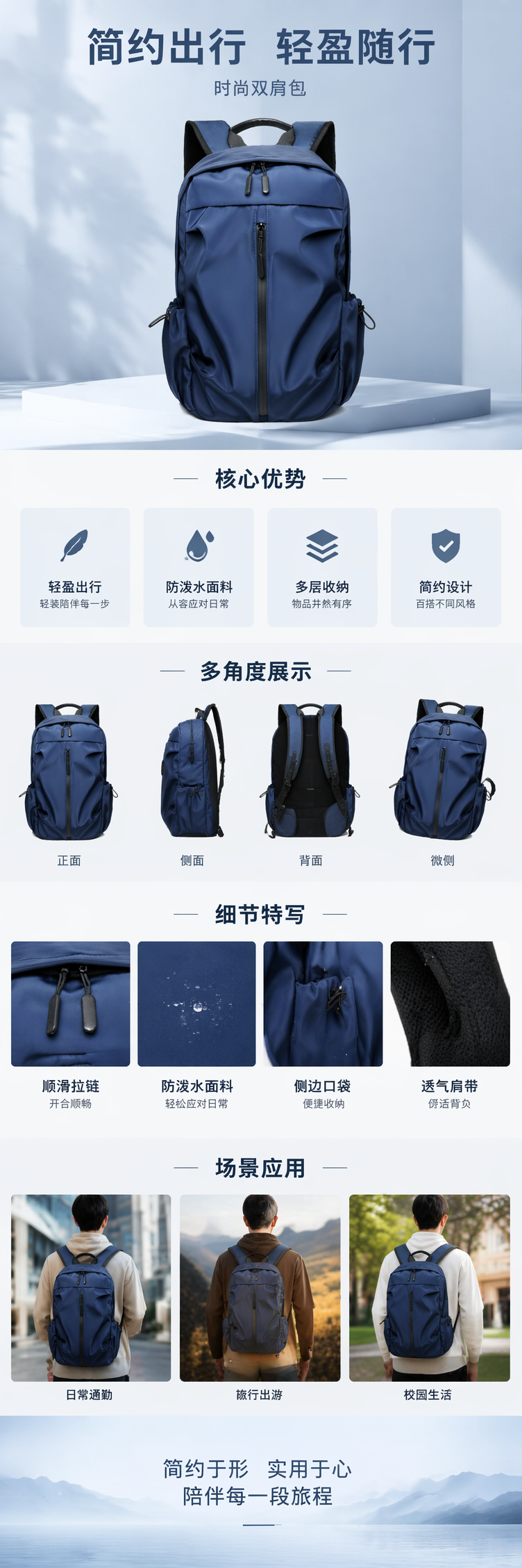 深蓝色大容量轻便旅行背包男女通用 pic 1