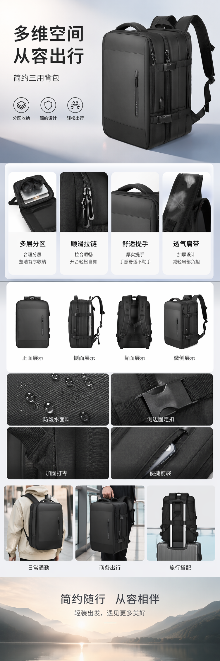 黑色双肩包尼龙防水耐磨通勤上学简约百搭 backpack pic 1