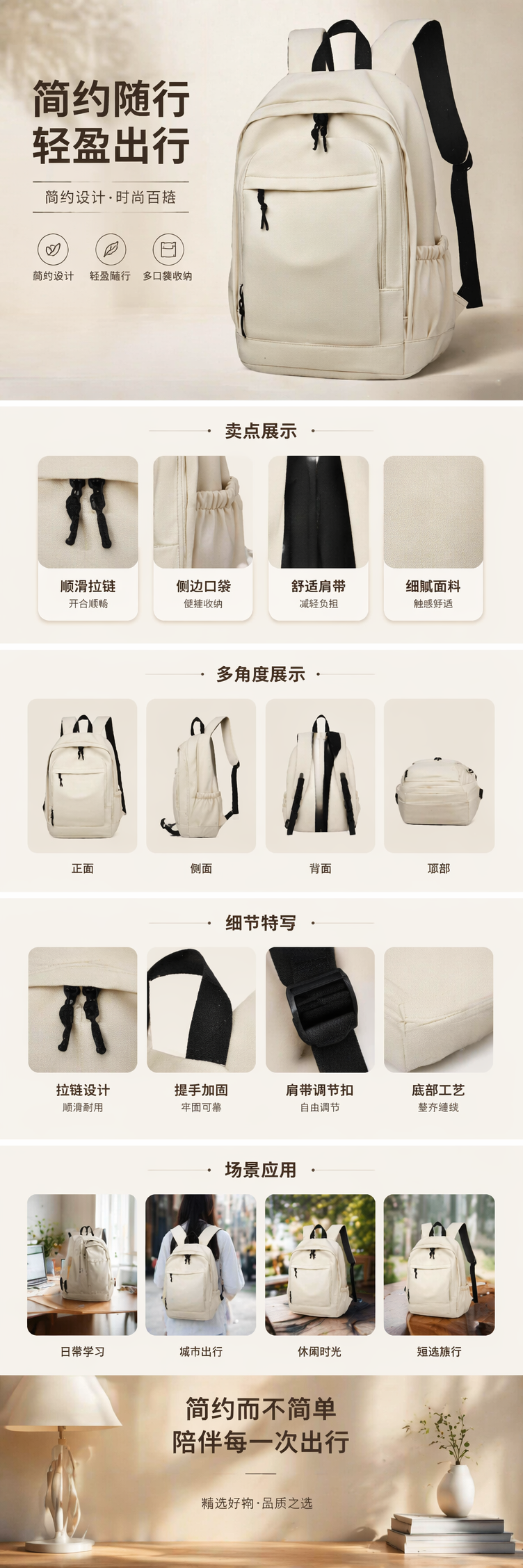 白色双肩包简约百搭学生通勤轻便大容量时尚休闲 backpack详情1