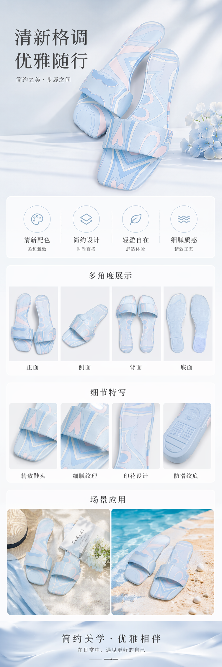 浅蓝粉白花纹女士凉拖夏季透气防滑舒适休闲详情1