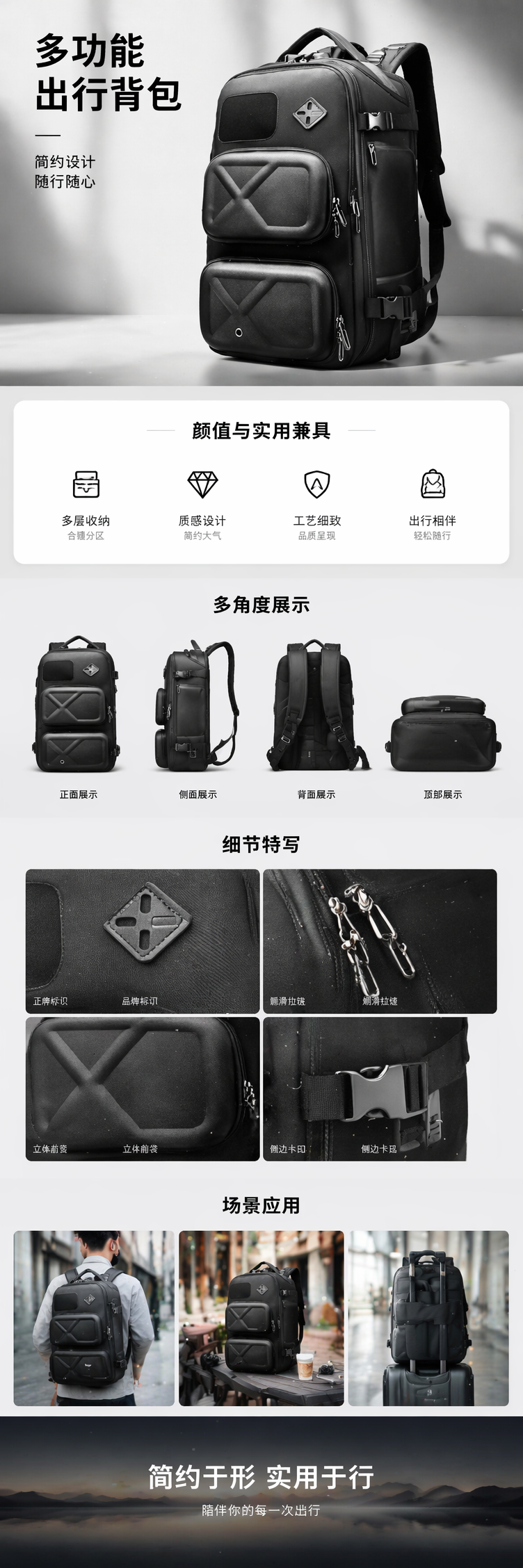 黑色简约商务休闲背包 男女通用大容量轻便通勤包 pic 1