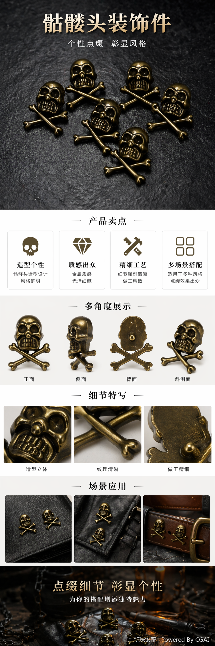 金色骷髅交叉骨装饰品 个性潮流家居摆件详情1