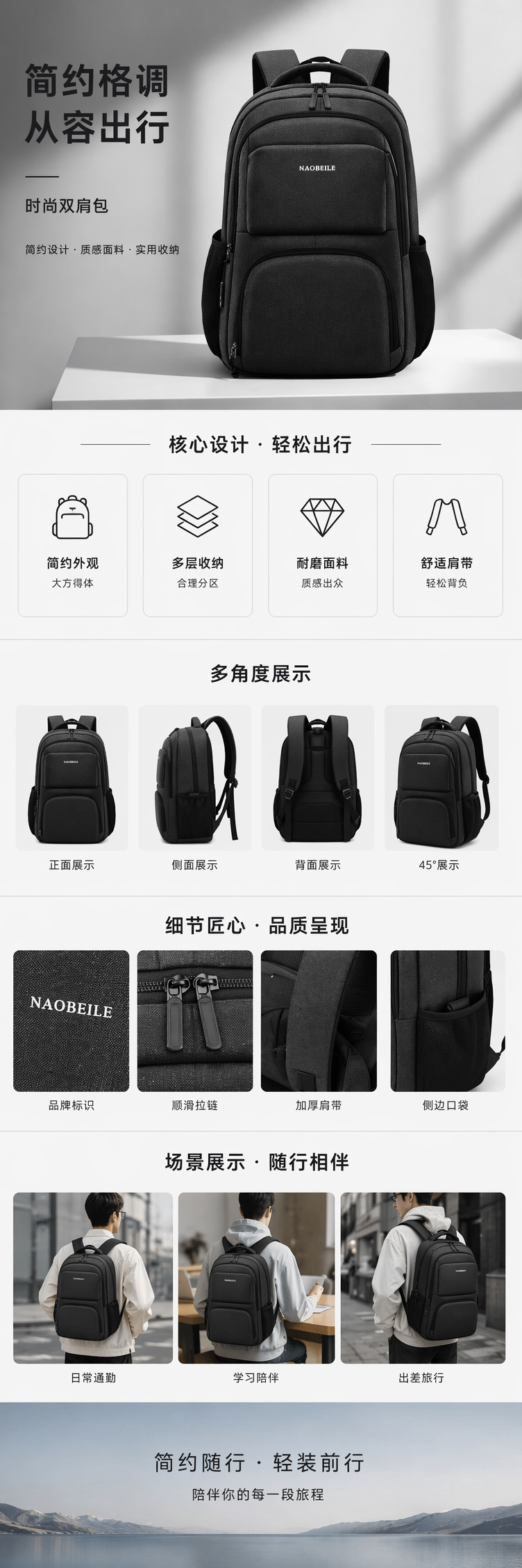 灰色简约时尚休闲双肩背包男女同款 pic 1
