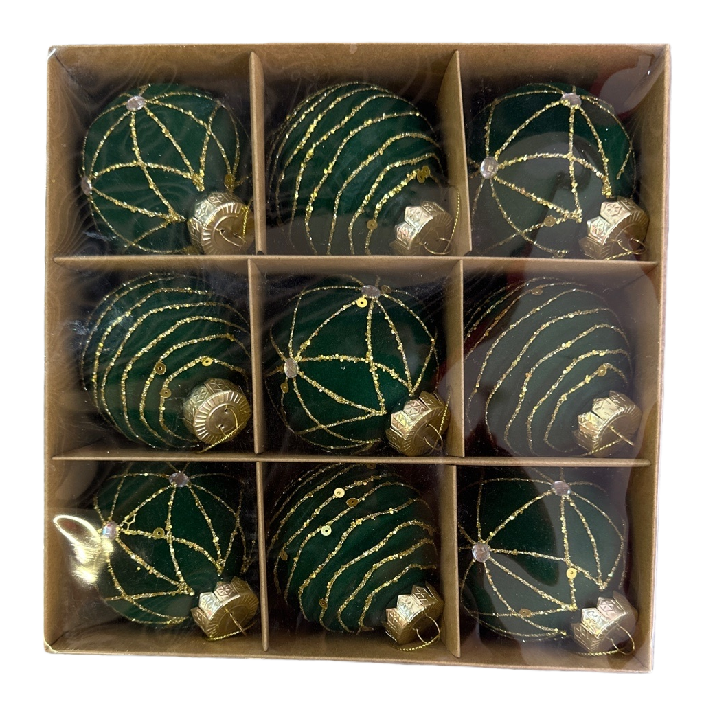 Green and gold thread decorated Christmas balls, festive atmosphere hanging gift box set Item Picture
