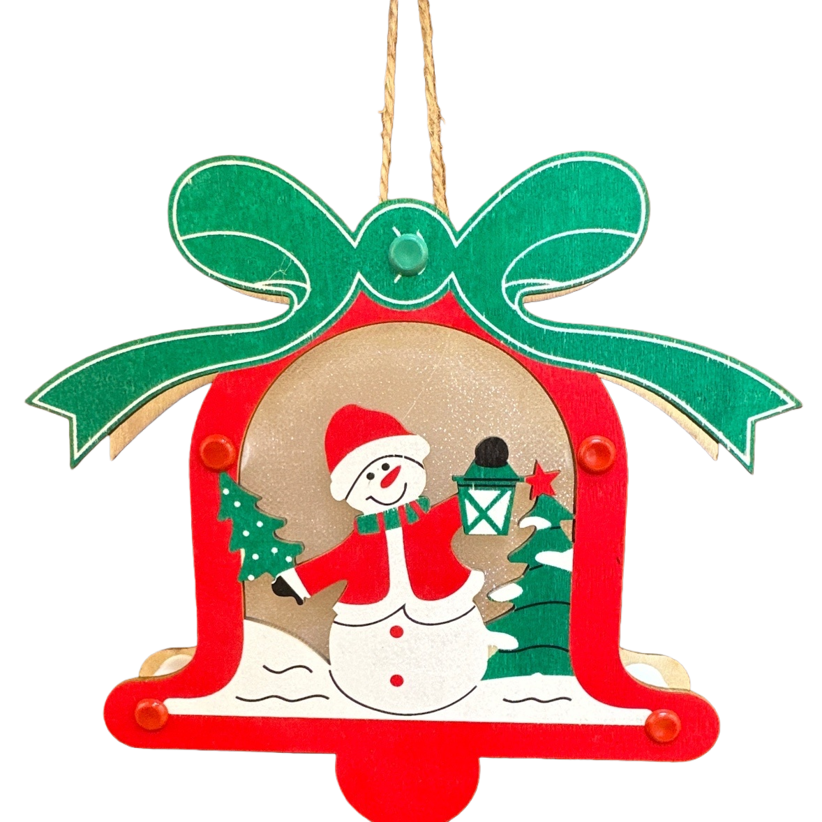A red bell-shaped Christmas decorative pendant with a snowman, pine lantern pattern, green bow and hemp rope is hung Item Picture