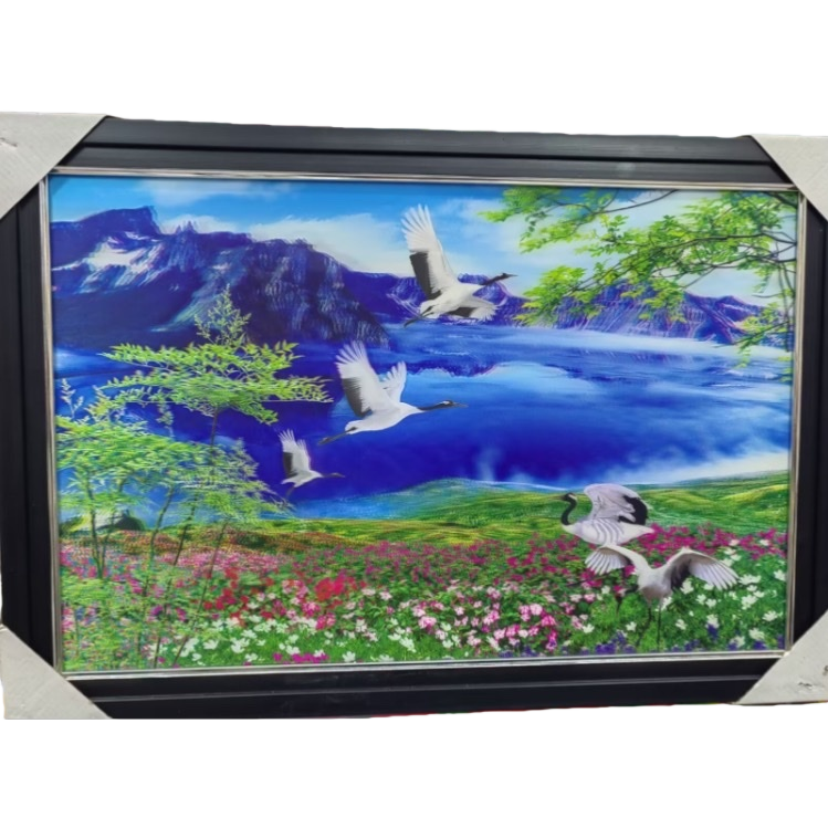 彩色山水画，画中有白鹤飞过花海与青山绿水间白底实物图