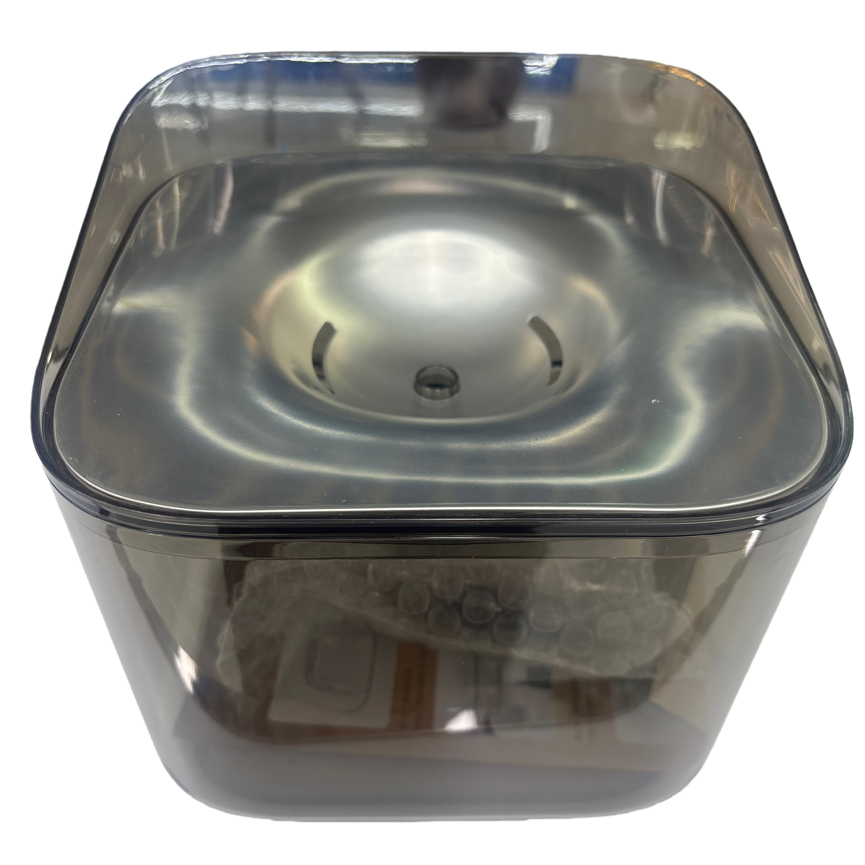 Grey transparent pet water dispenser with silent circulation and automatic water supply for cats and dogs, featuring a stainless steel bowl plate Item Picture