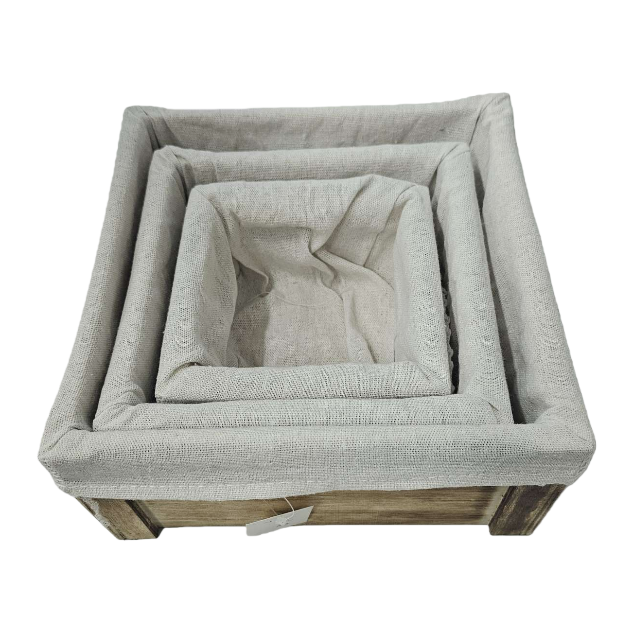 A light-colored fabric nested storage basket with a wooden base for home organization and storage box Item Picture